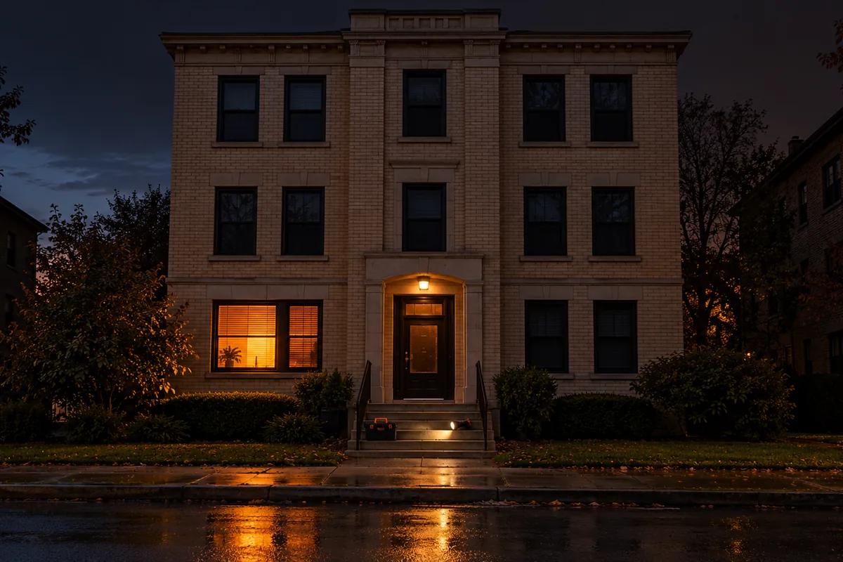An apartment building at night with every window dark except one warm orange light by the front door