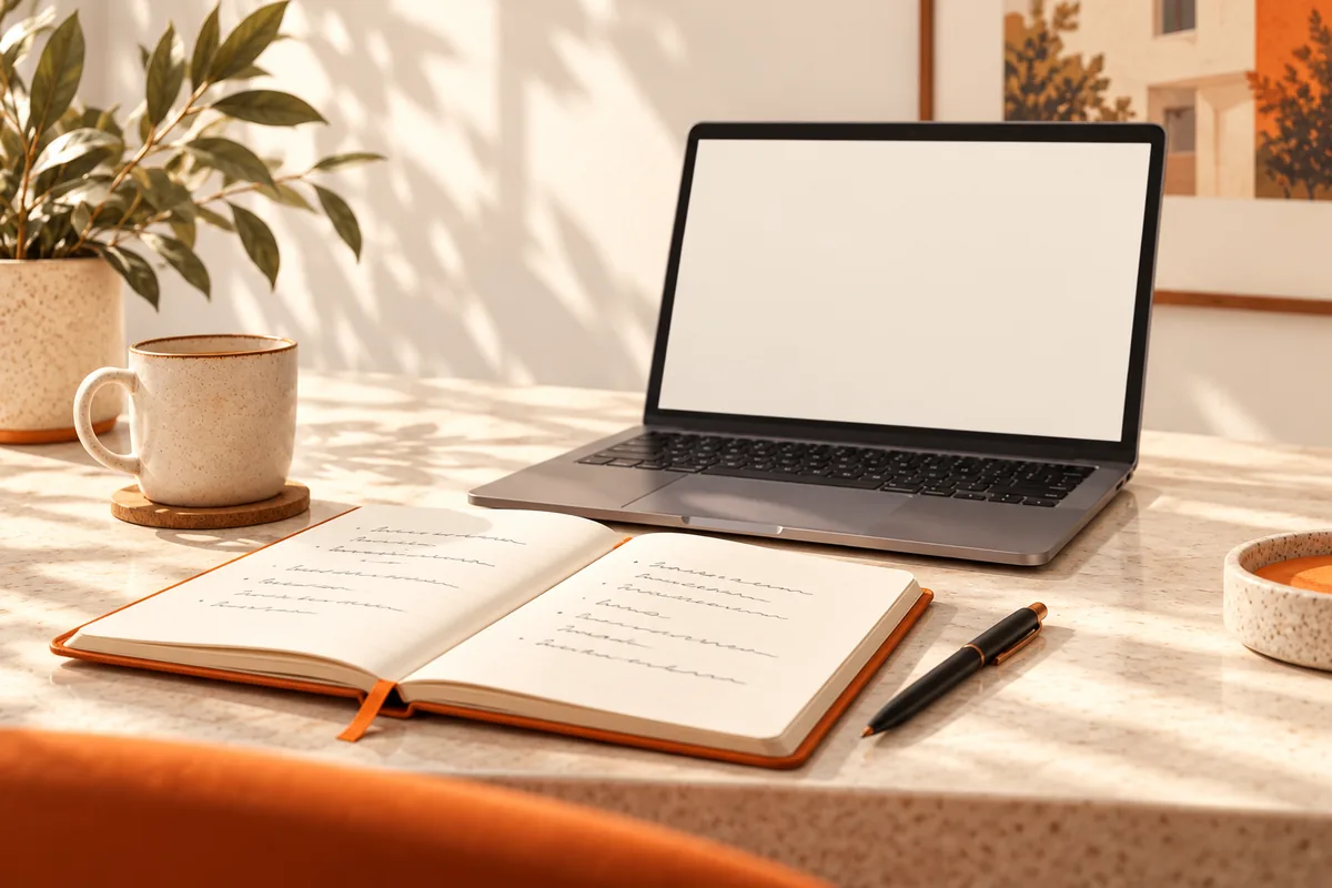 An open notebook of handwritten lines beside a laptop and a cup of coffee on a desk