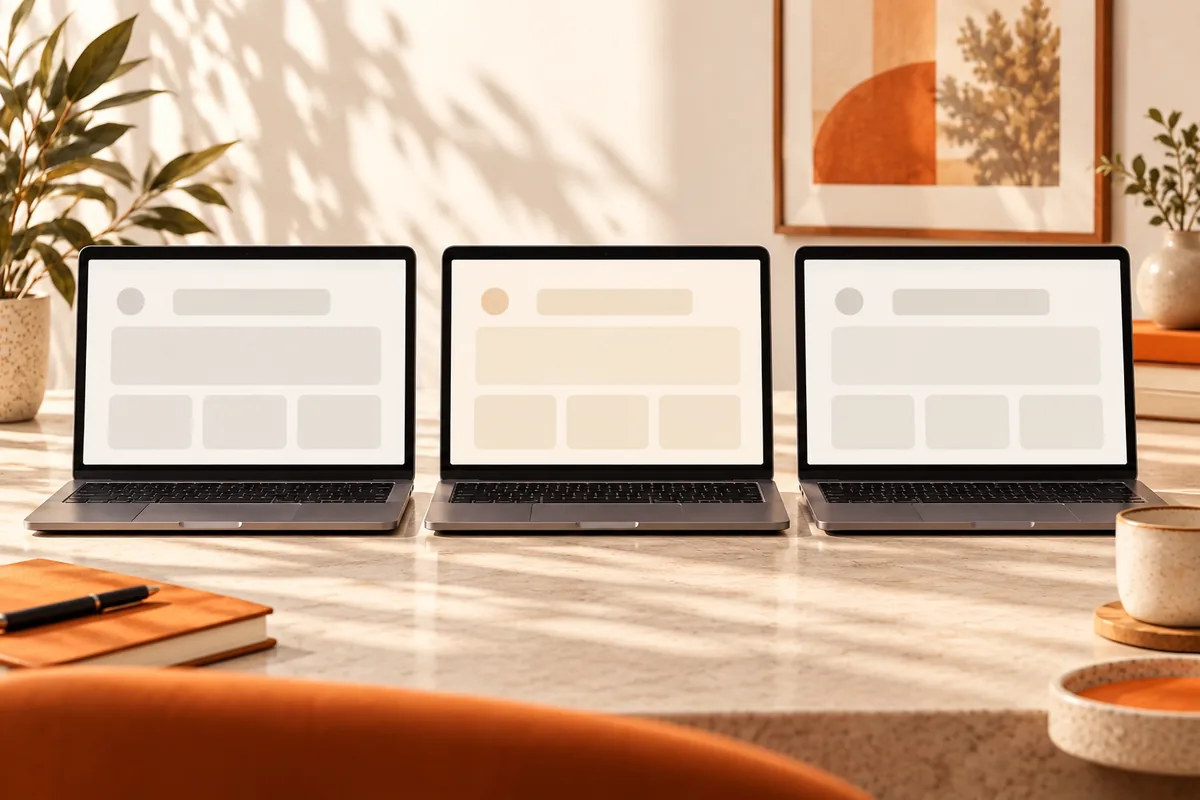 Three laptops side by side on a desk, each showing a blank neutral interface