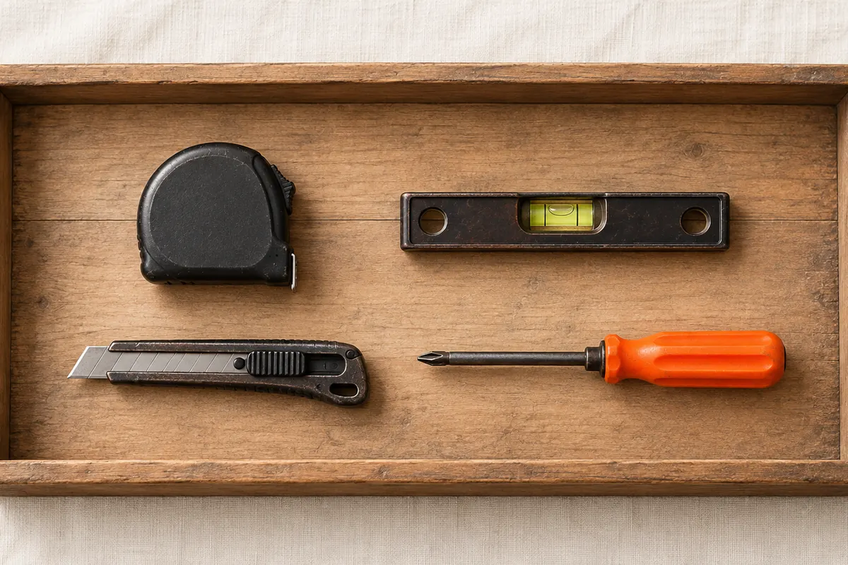 A wooden toolbox tray seen from above holding a few well-used hand tools and one orange-handled screwdriver
