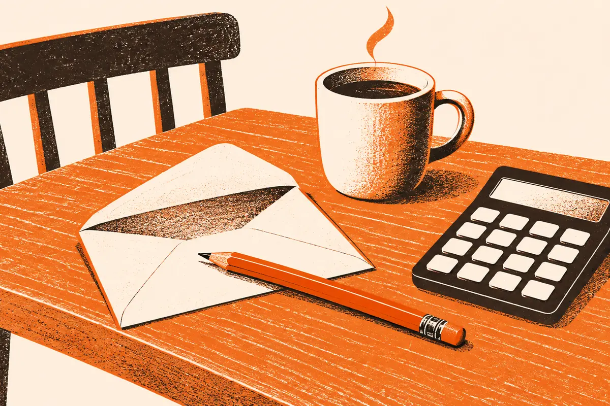 A single envelope on a kitchen table beside a coffee cup, with a calculator and an orange pencil