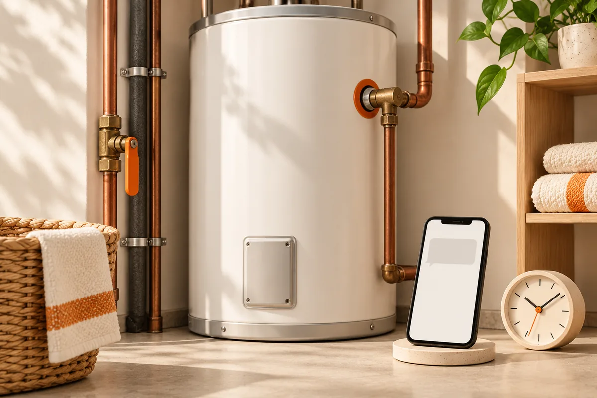 A water heater with copper pipes, a phone on a stand and a small clock on the floor beside it