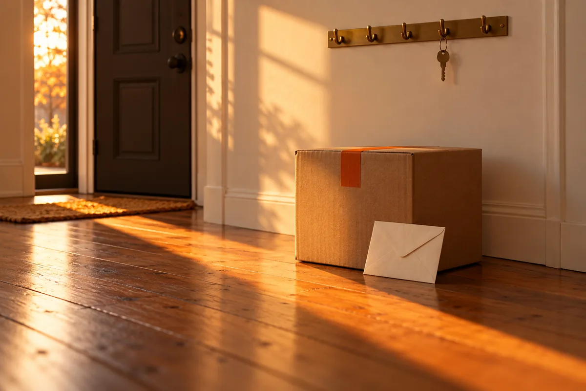 An empty apartment entryway at golden hour with a moving box, a folded envelope and one key on a row of hooks