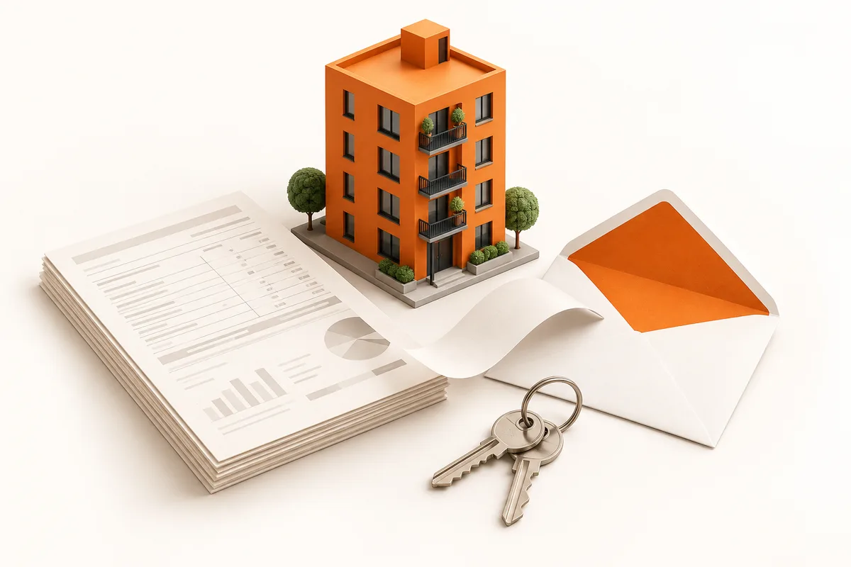 Owner statements, an envelope and keys beside an apartment model