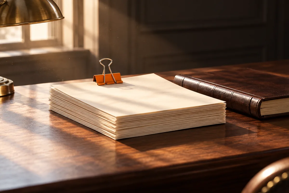 A neat stack of monthly statements held with an orange clip beside a closed ledger book, in morning light