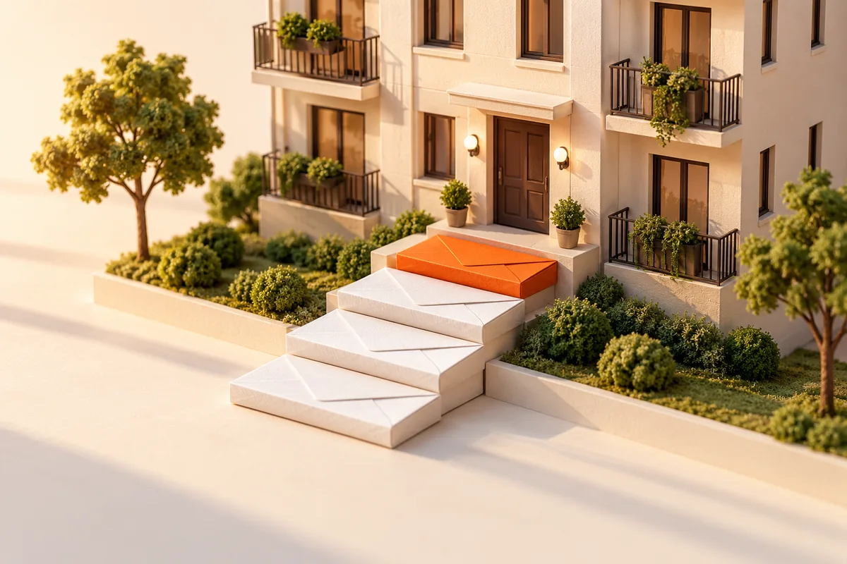A miniature apartment building model with a staircase of paper envelopes leading to the front door, the top step orange