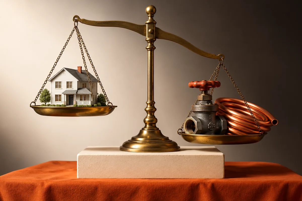 A brass balance scale weighing a small model house against a coil of copper pipe and a valve, on an orange cloth