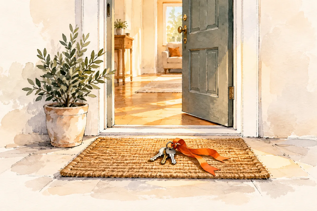 A doormat in front of an open apartment door with a small potted plant and a set of keys on an orange ribbon