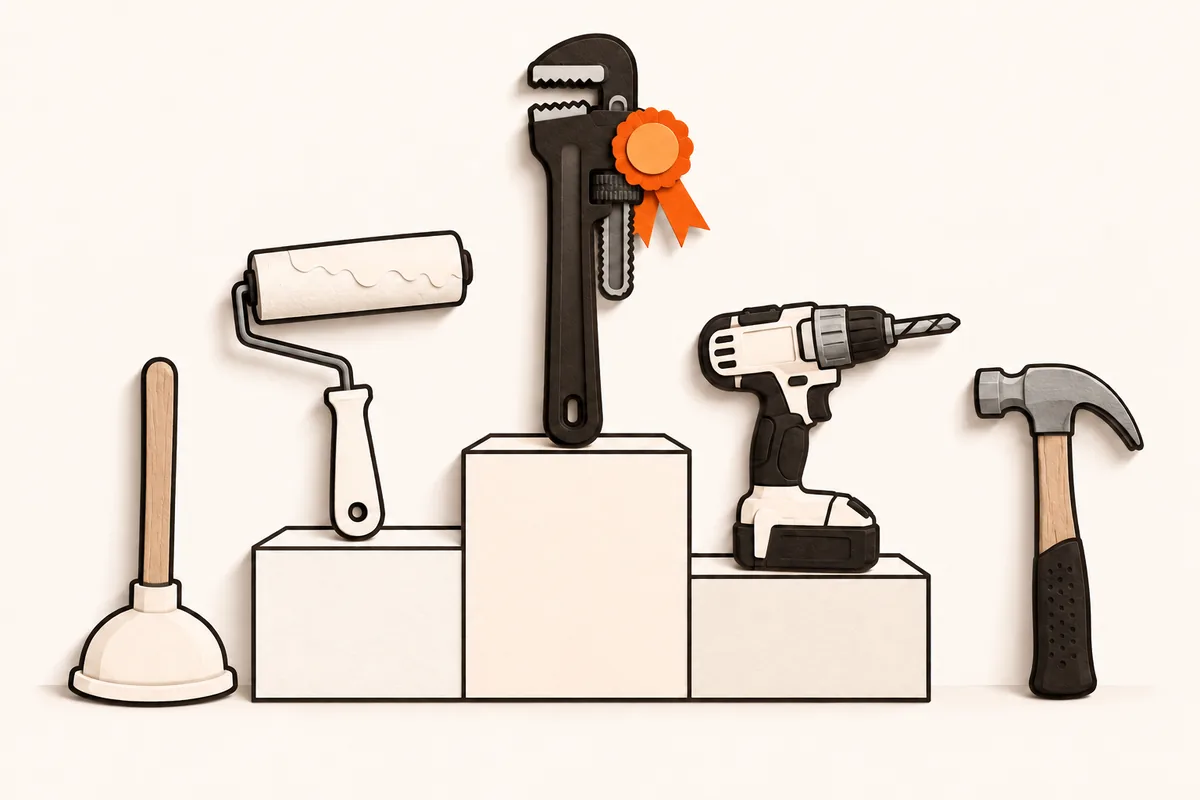 A paper-cut illustration of tradesperson tools on a winners podium, a pipe wrench on top with an orange rosette